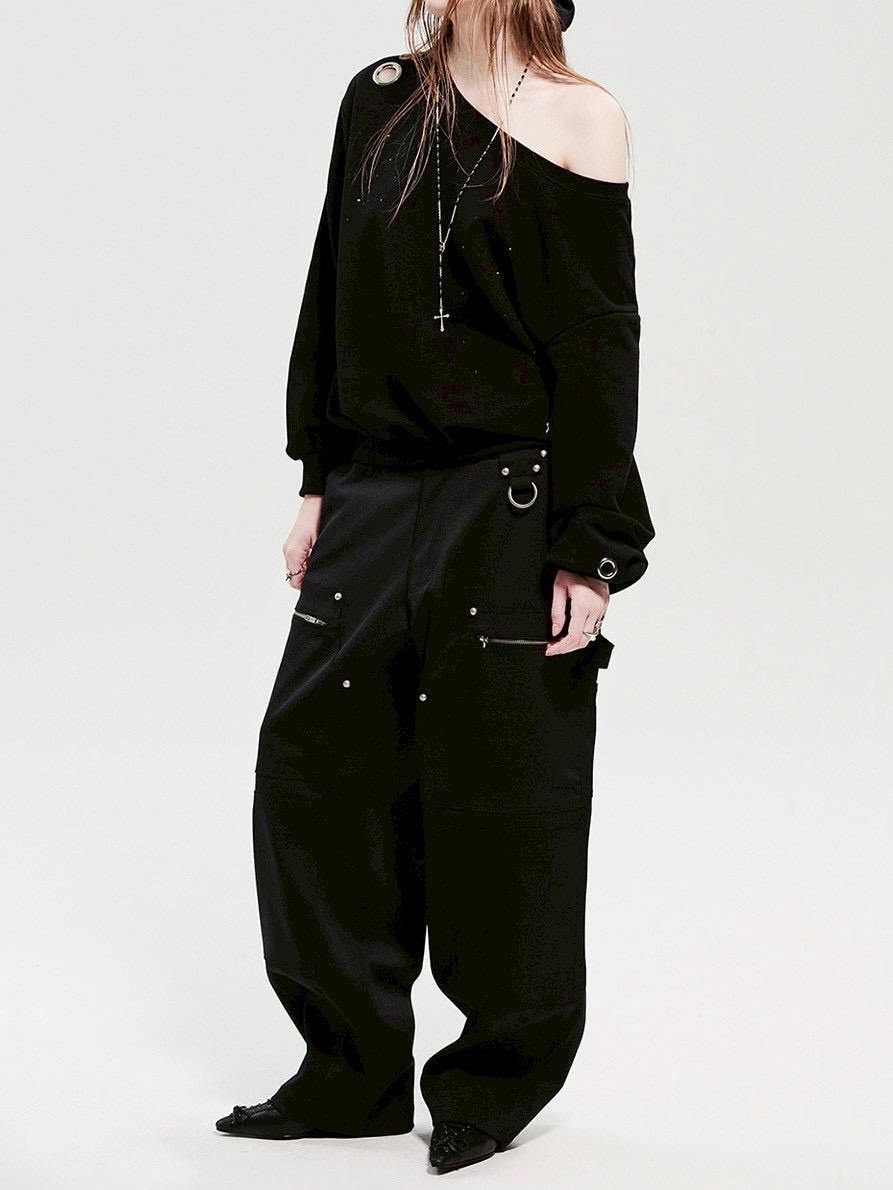 【HOLY NUMBER 7】Eyelet Cubic Off-Shoulder Sweatshirt