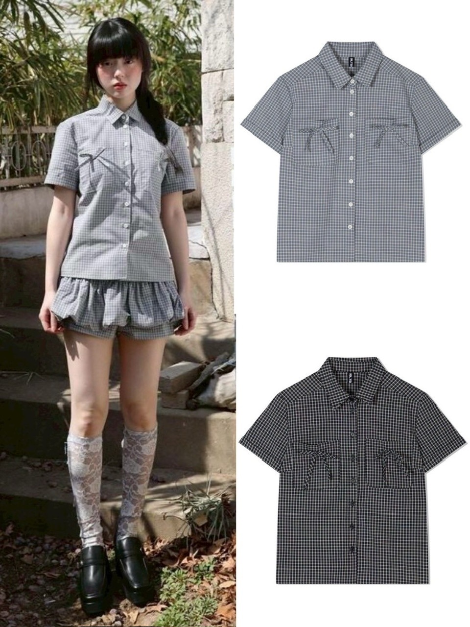 【Uglyshadow】CHECK RIBBON SHIRTS