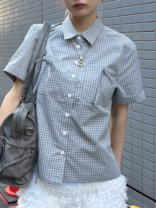 【Uglyshadow】CHECK RIBBON SHIRTS