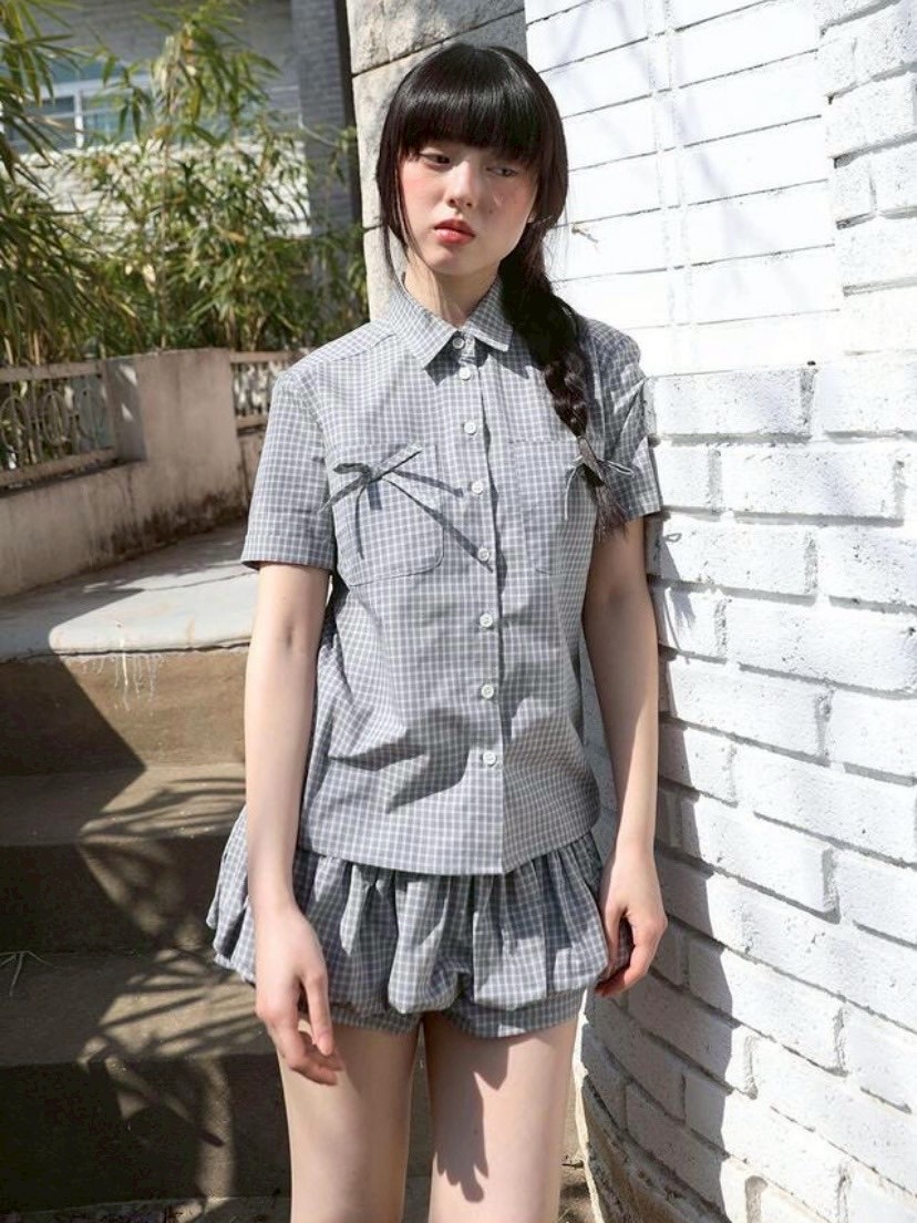 【Uglyshadow】CHECK RIBBON SHIRTS