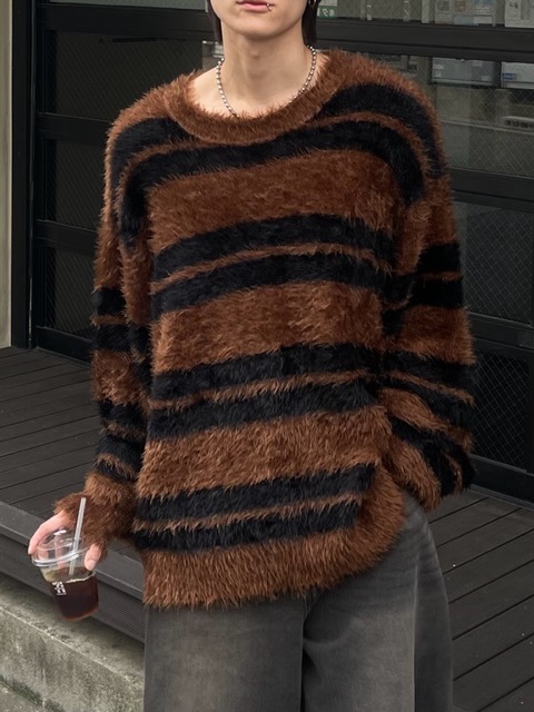 受注制【Chikashitsu +】hairy border knit (3color) / 【チカシツプラス】ヘイリーボーダーニット