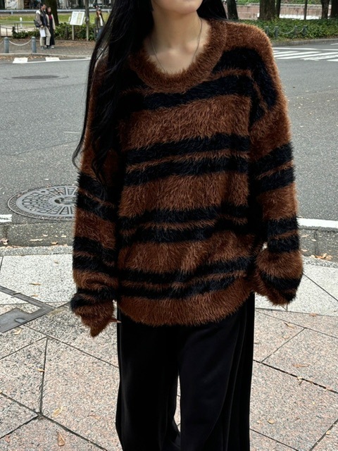 受注制【Chikashitsu +】hairy border knit (3color) / 【チカシツプラス】ヘイリーボーダーニット