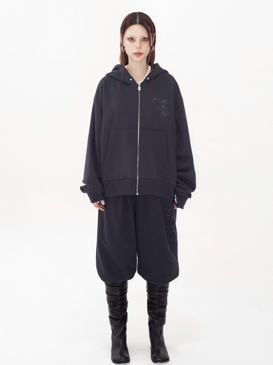 HOLY NUMBER 7】OVERFIT HIP HOP MOVE CUBIC LETTERING HOODIE ZIP-UP