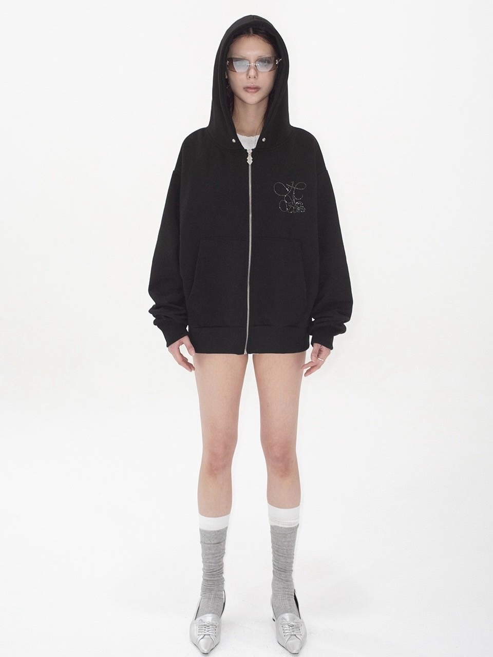 HOLY NUMBER 7】OVERFIT HIP HOP MOVE CUBIC LETTERING HOODIE ZIP-UP