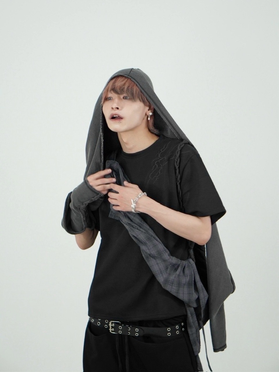 XU フード付きチェックシャツ オーバーサイズ 受注制【Nerd out XU】oversized hood check shirt (2color