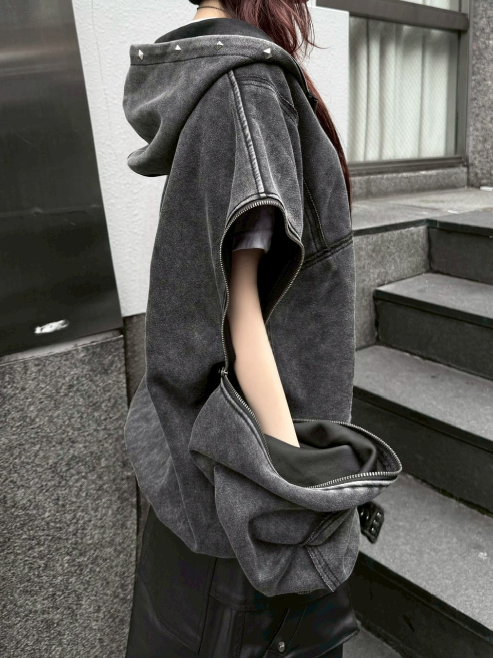 Never mind the XU】studs washing zip up hoodie / 【ネバーマインド