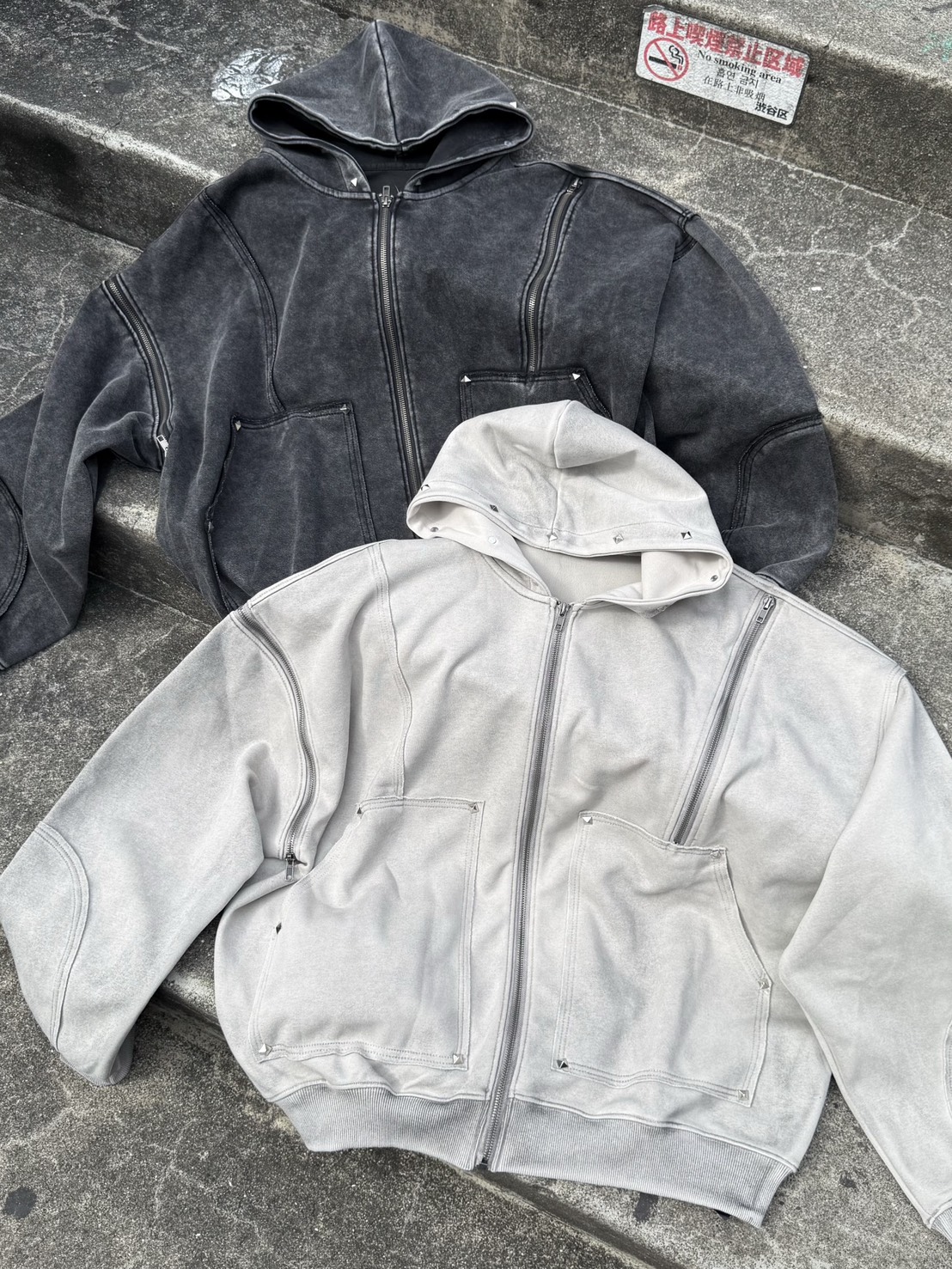 Never mind the XU】studs washing zip up hoodie / 【ネバーマインド