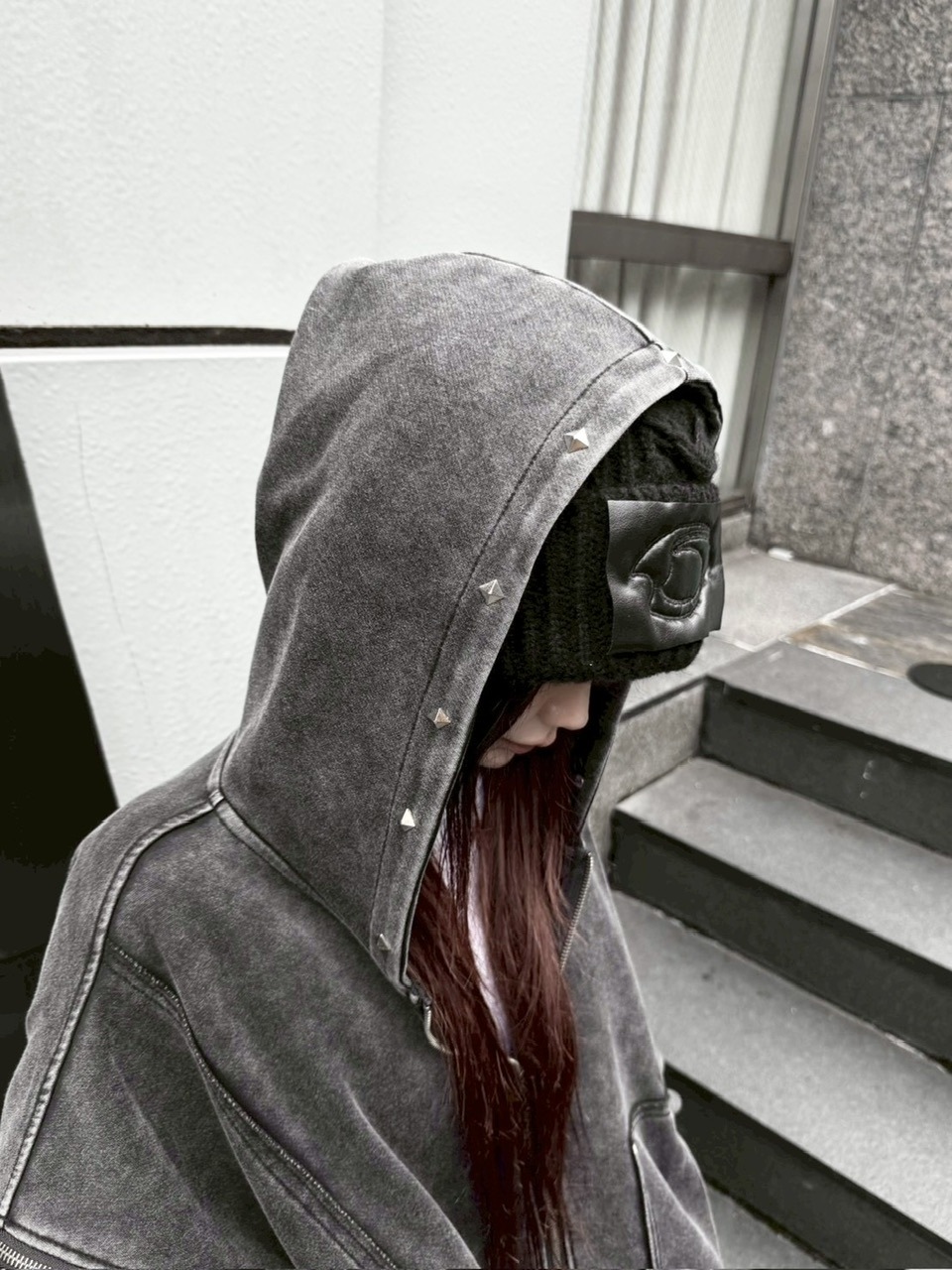 Never mind the XU】studs washing zip up hoodie / 【ネバーマインド