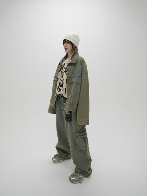 受注制【Never mind the XU】set up washed denim jacket (2color