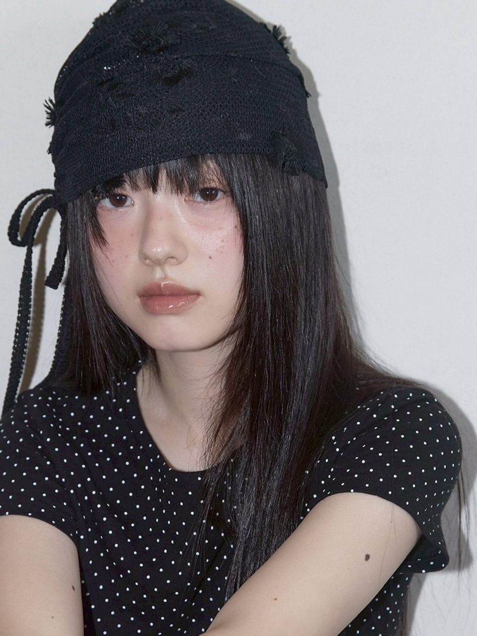 【NOFFICIALNOFFICE】CHIFFON CORSAGE LACE BEANIE The Lace Cloche/Beanie/Crochet Hat W/ Crochet Flower, Denim