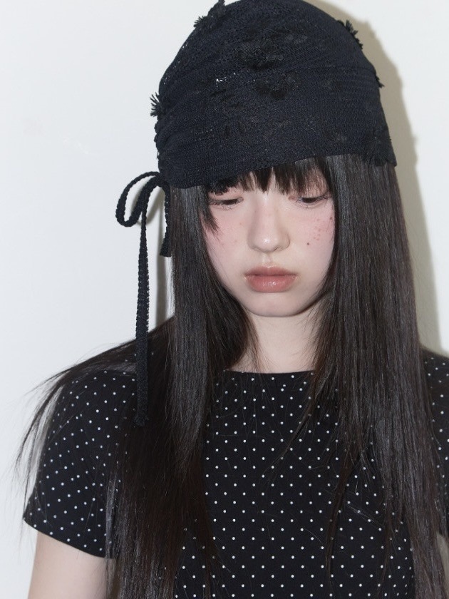 【NOFFICIALNOFFICE】CHIFFON CORSAGE LACE BEANIE The Lace Cloche/Beanie/Crochet Hat W/ Crochet Flower, Denim
