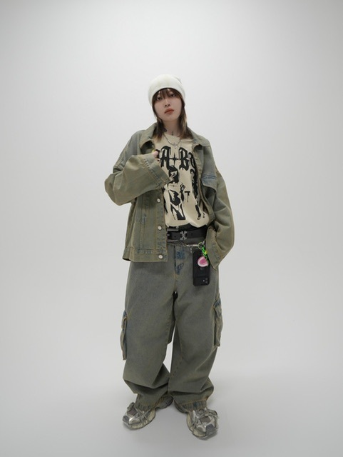 受注制【XU DOG】set up washed denim cargo pants (2color)