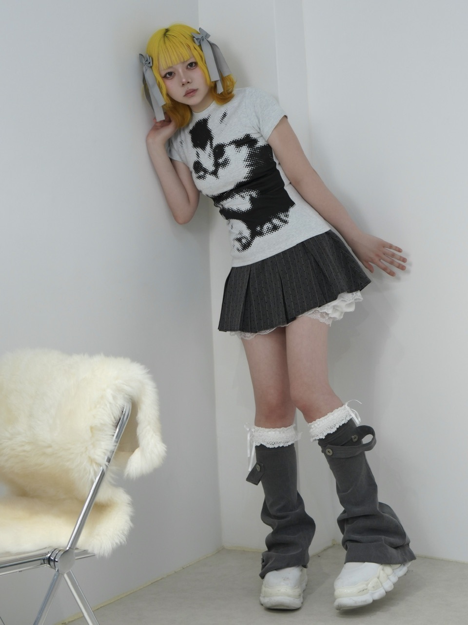 受注制【Nerd out XU】back ribbon pleats skirt