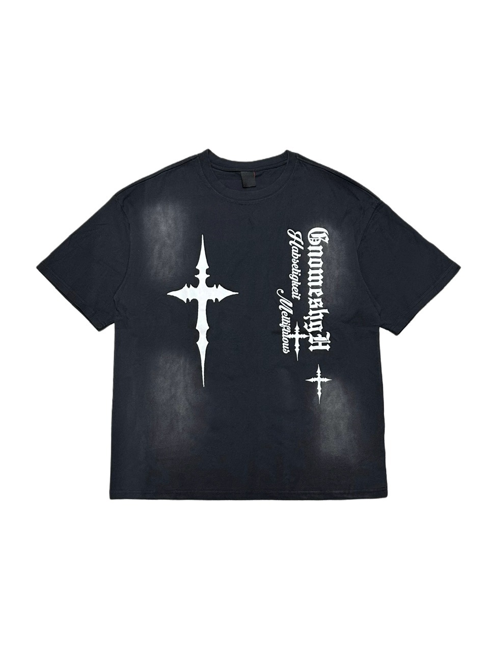 受注制【Never mind the XU】dirty cross print tee (2color) / 【ネバーマインドザエックスユー】ダーティークロスプリント半袖Tシャツ