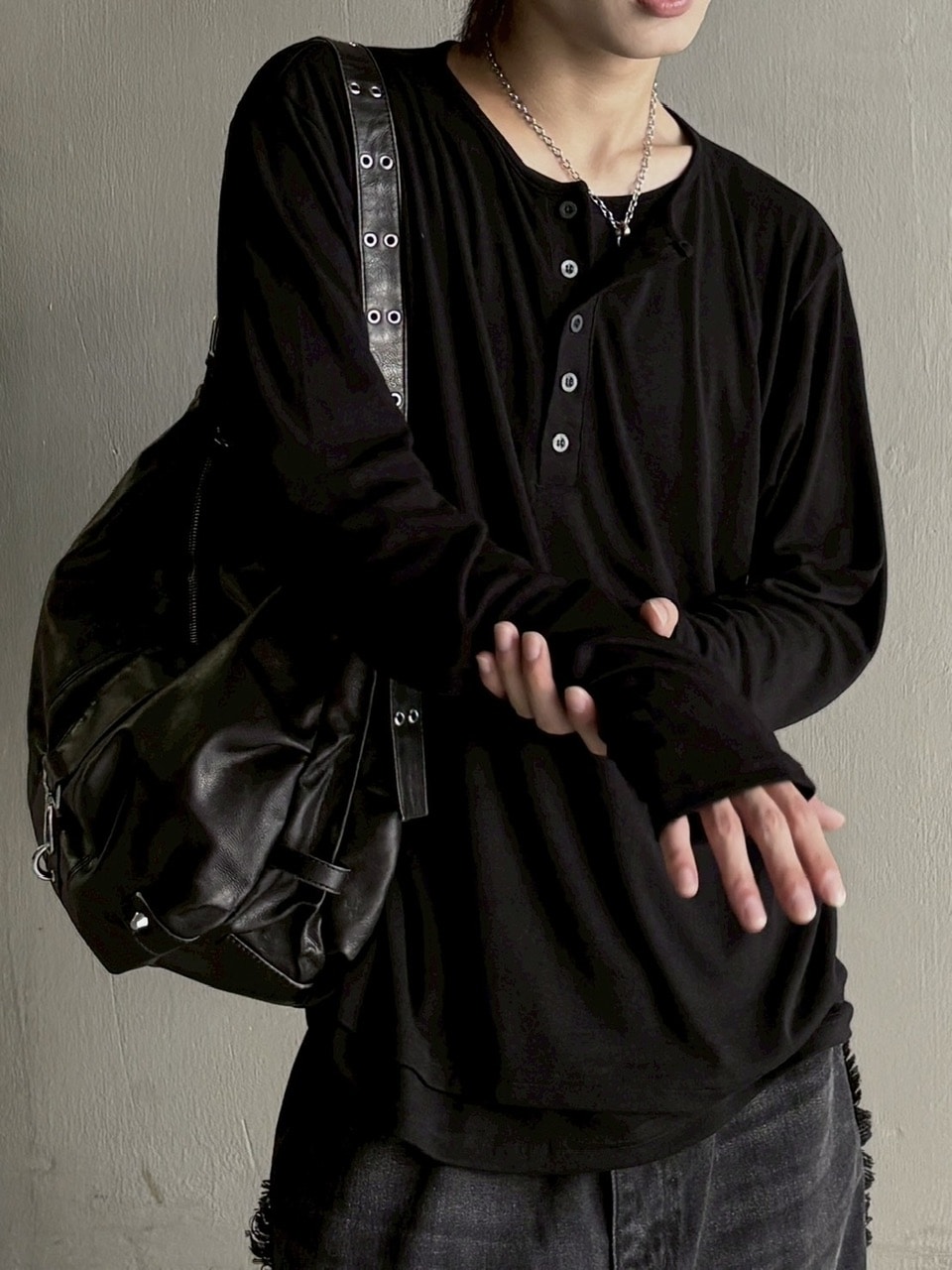 kizukiブラック ヘンリーネック 大阪店WEB限定【Chikashitsu +】layered henry neck long sleeve