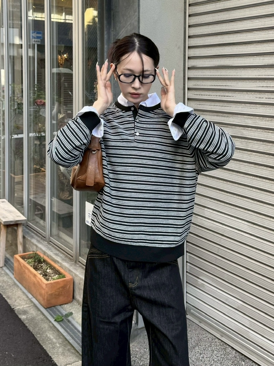 受注制【Chikashitsu +】cropped henry neck border knit