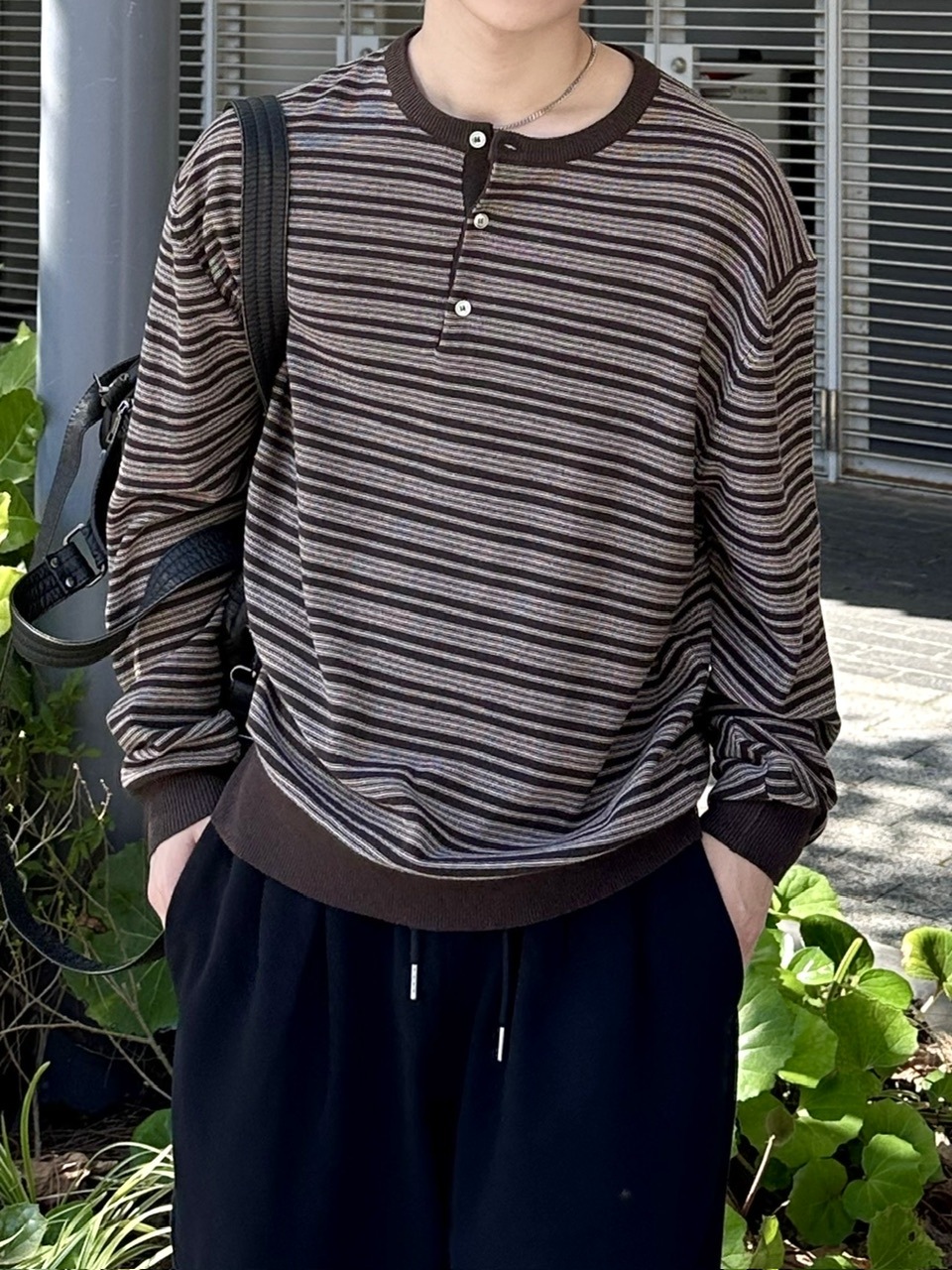 受注制【Chikashitsu +】cropped henry neck border knit