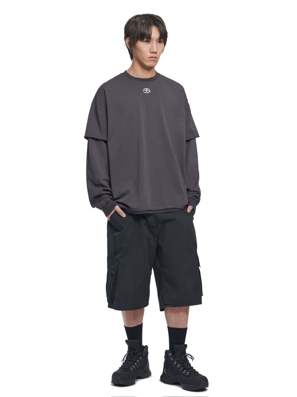 【NOMANUAL】ABRASION LAYERED LONG SLEEVE TEE / 【ノーマニュアル】レイヤードロゴ長袖Tシャツ