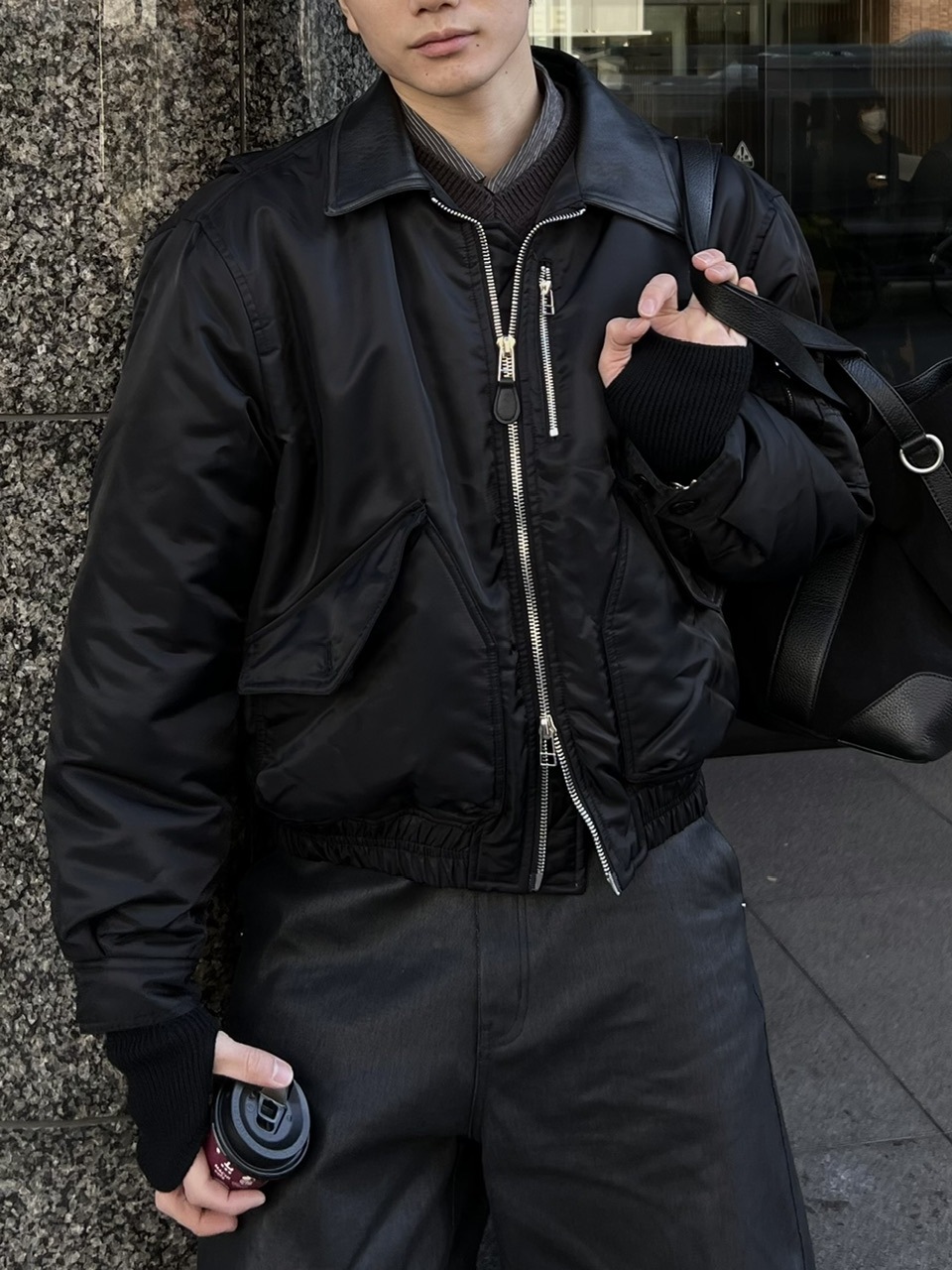 東京店WEB限定受注制【Chikashitsu +】leather collar bomber jacket