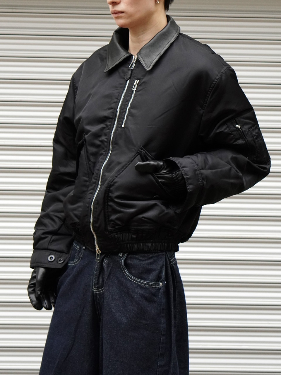 東京店WEB限定受注制【Chikashitsu +】leather collar bomber jacket / 【チカシツプラス】レザーカラーボンバージャケット (2color)