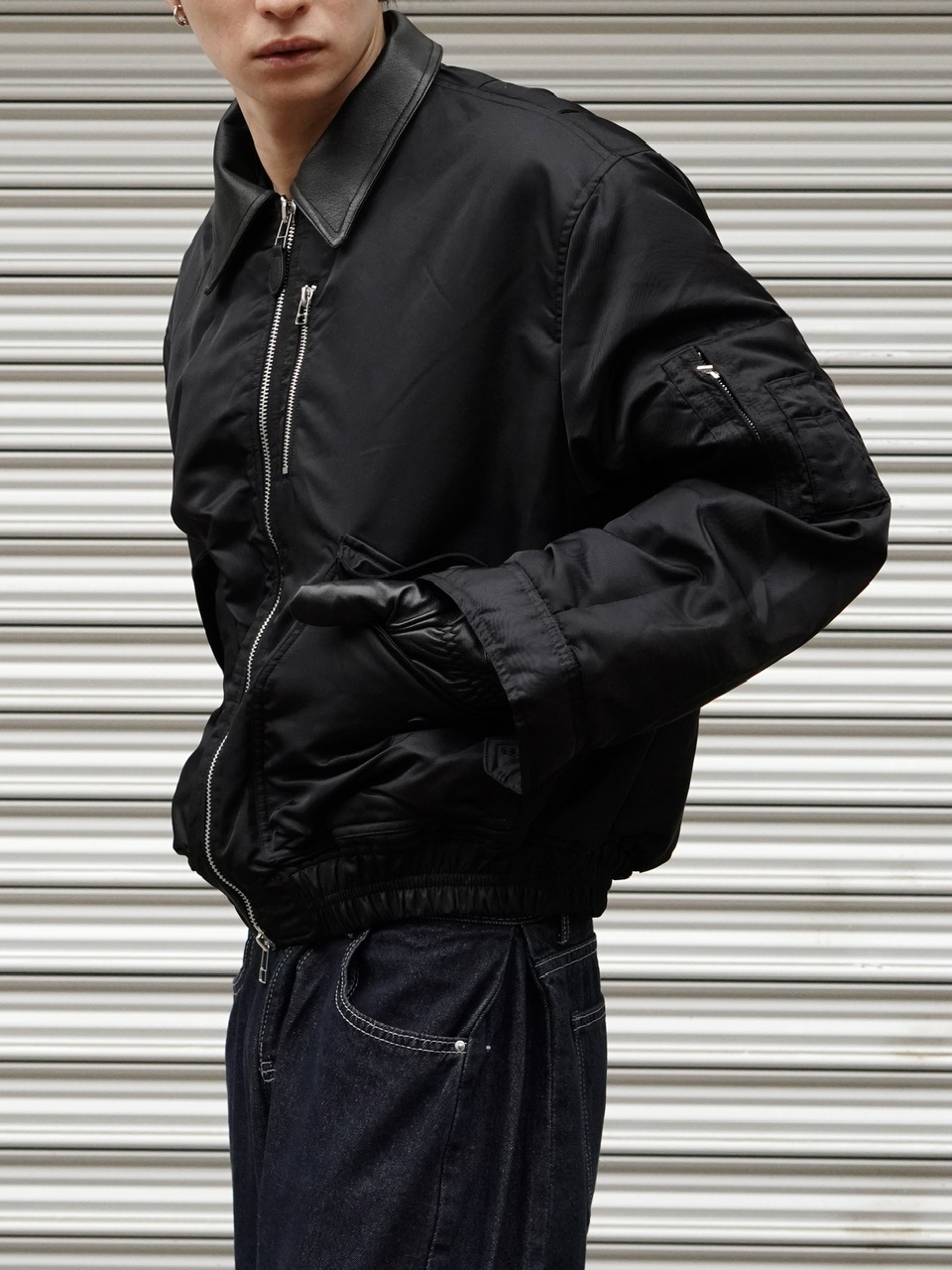 東京店WEB限定【Chikashitsu +】leather collar bomber jacket