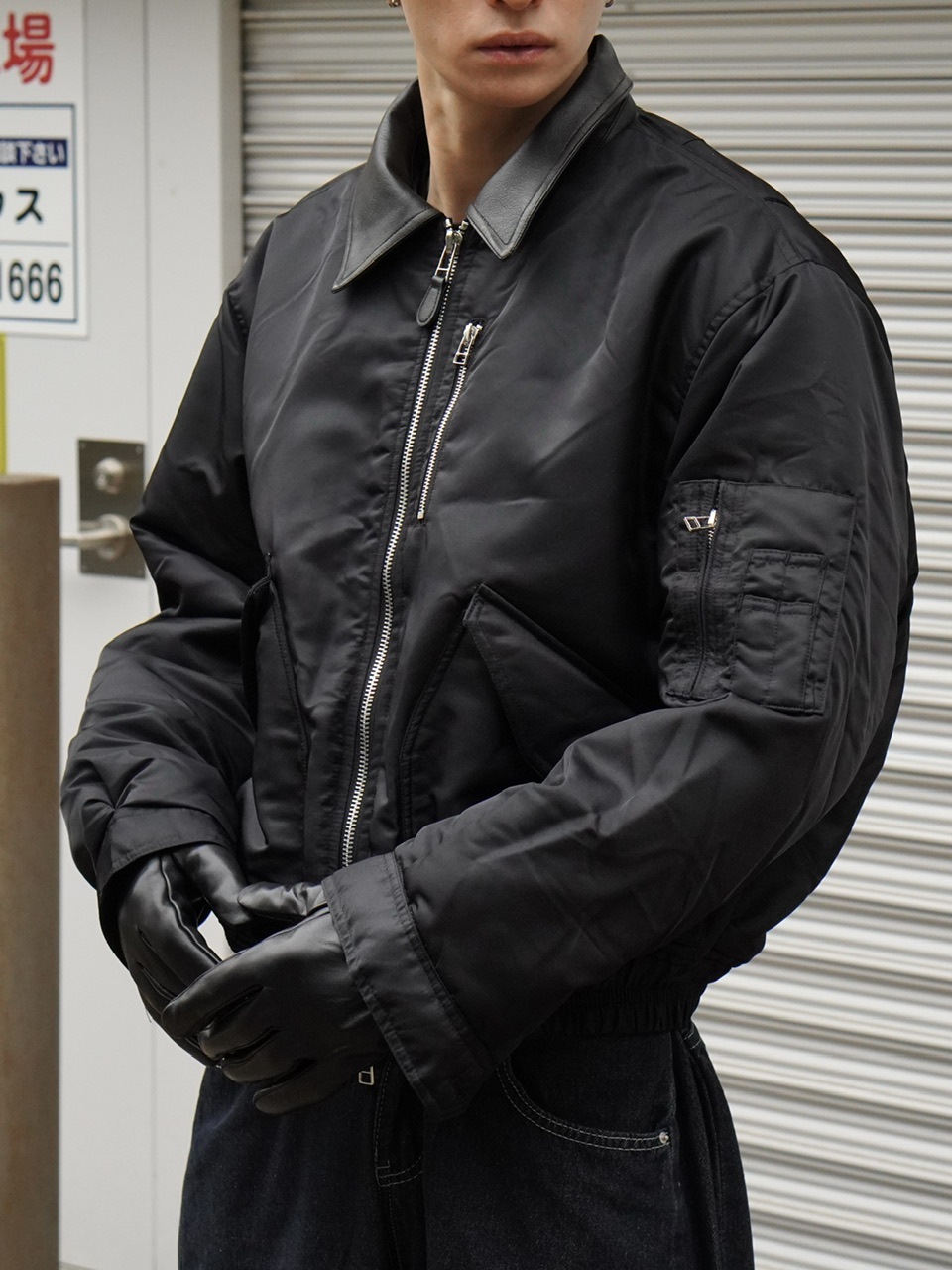 Chikashitsu + レザー ボンバージャケット ブラック Chikashitsu + レザー ボンバージャケット ブラック 受注制