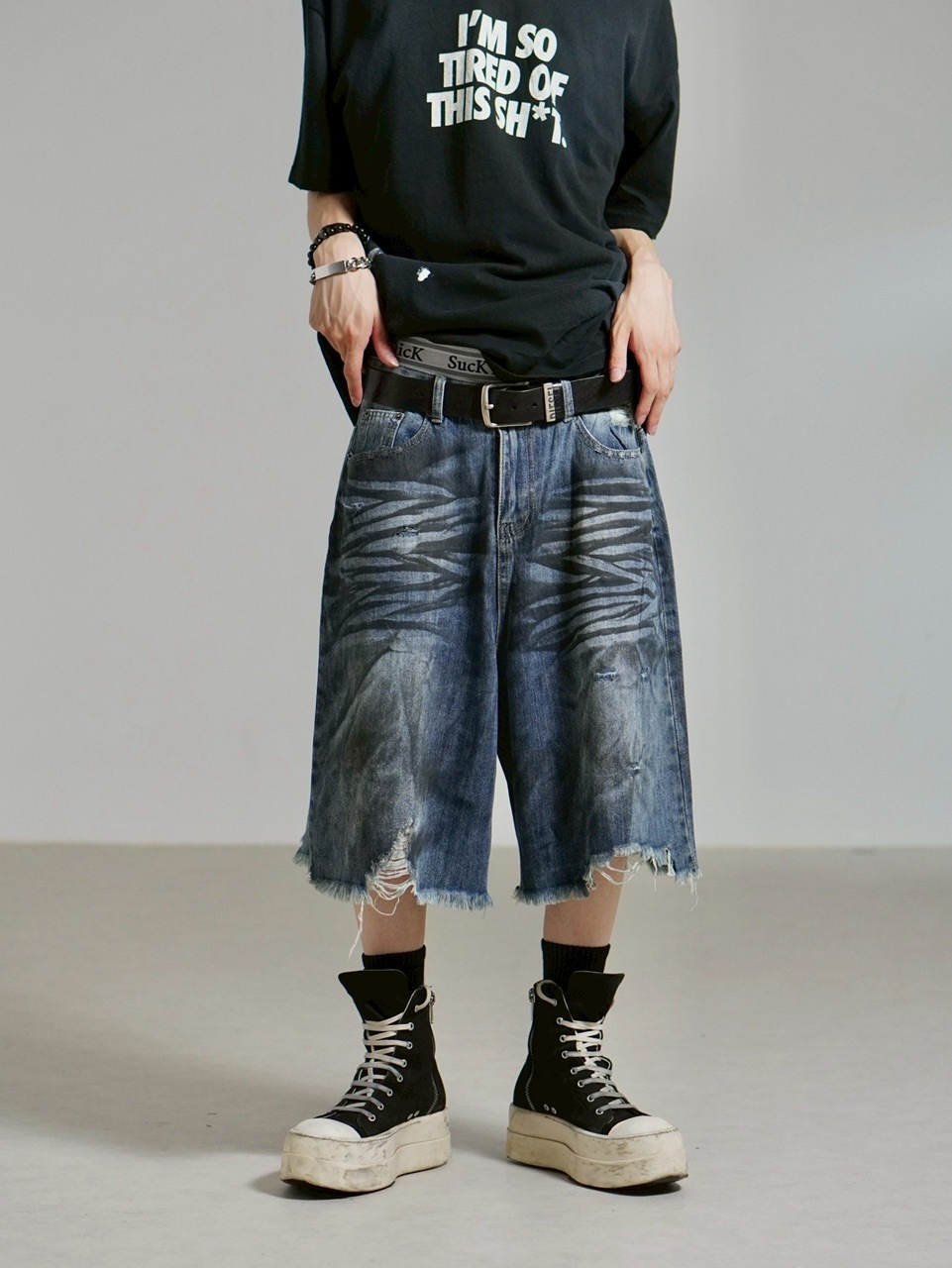 受注制【Chikashitsu +】oiled wash damage bermuda pants / 【チカシツプラス】オイルドウォッシュダメージバミューダパンツ (2color)