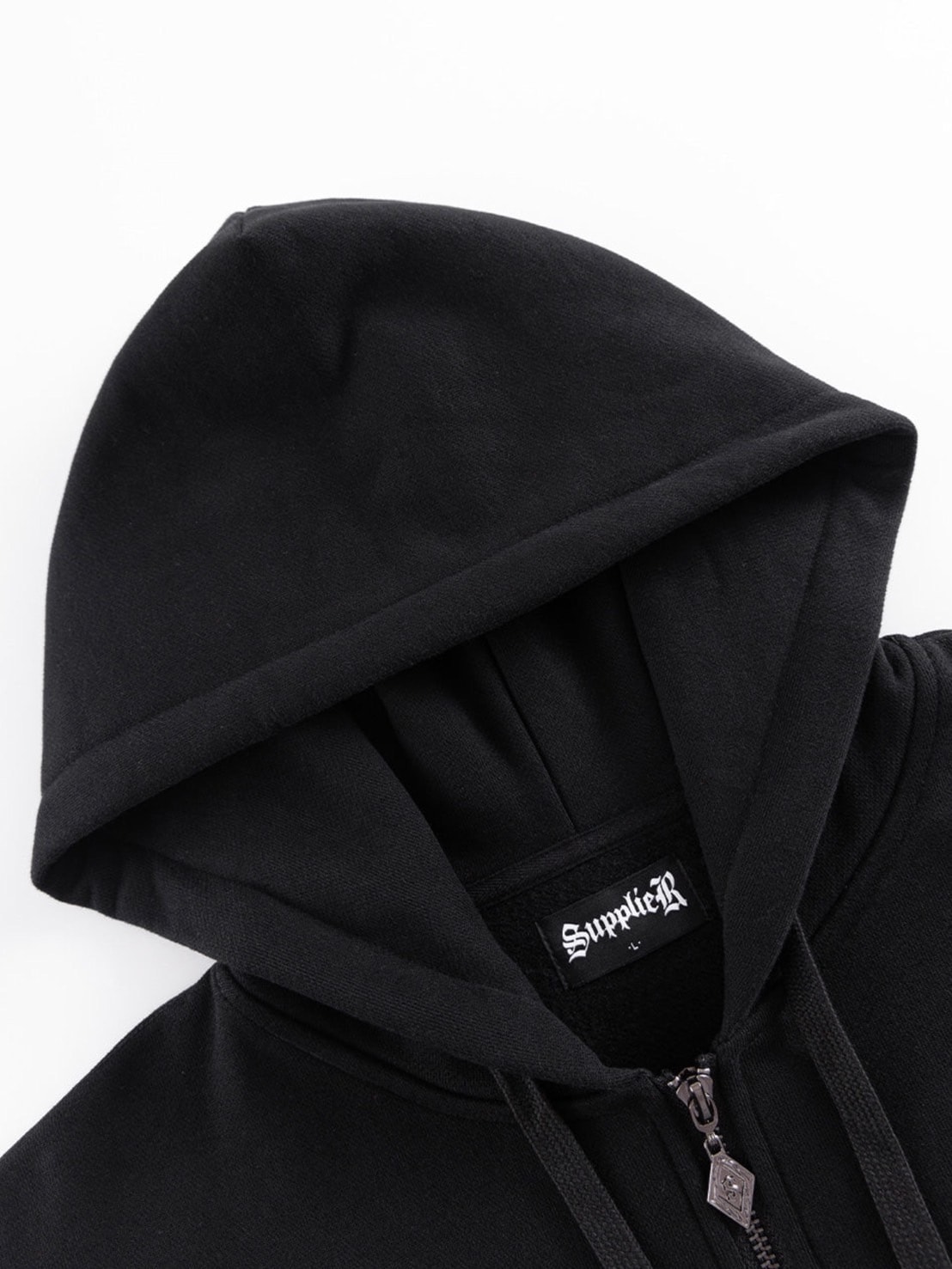 9/29 20:00発売【SUPPLIER】RHINESTONE CROSS SLEEVE ZIP HOODIE