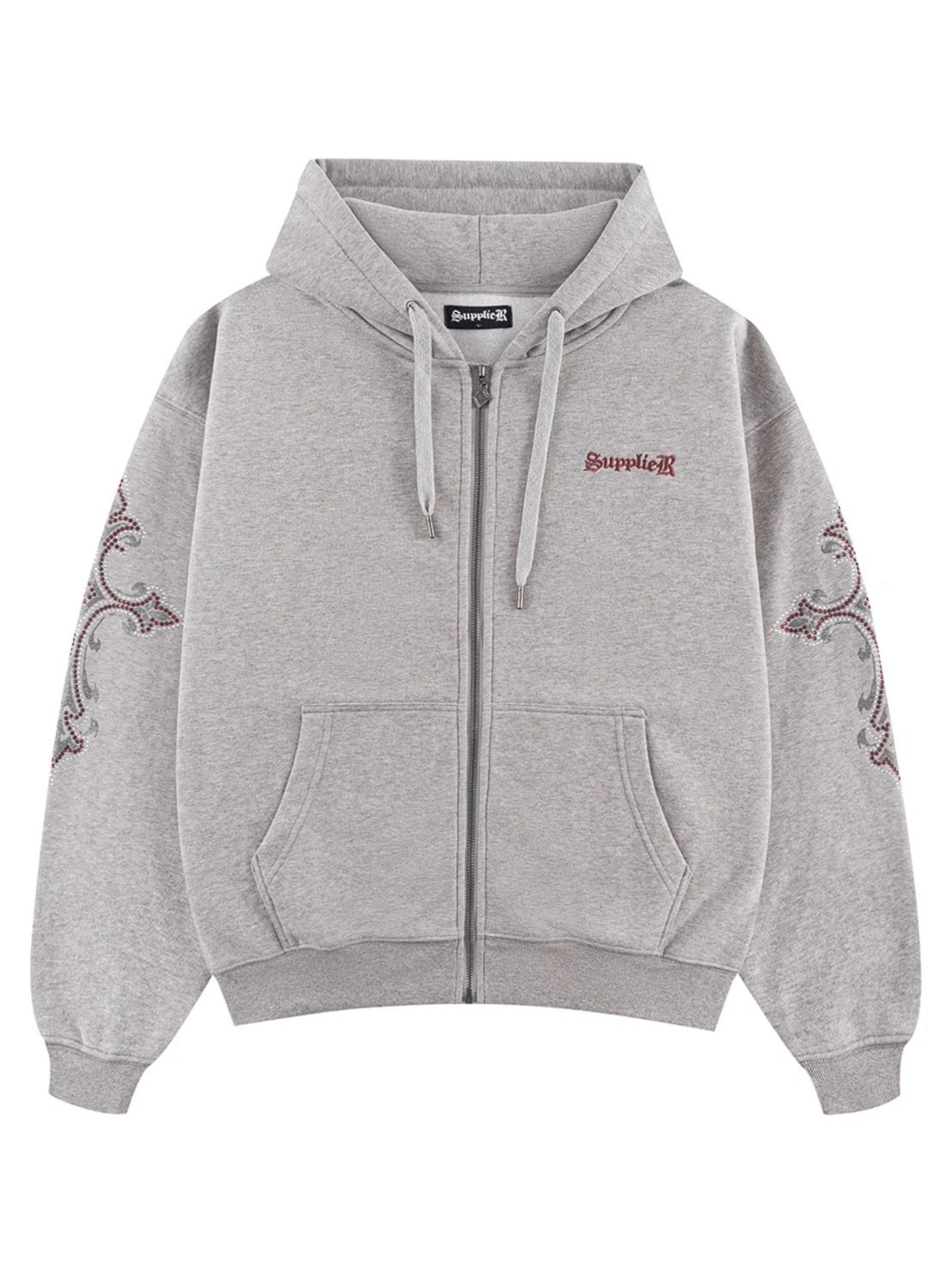9/29 20:00発売【SUPPLIER】RHINESTONE CROSS SLEEVE ZIP HOODIE