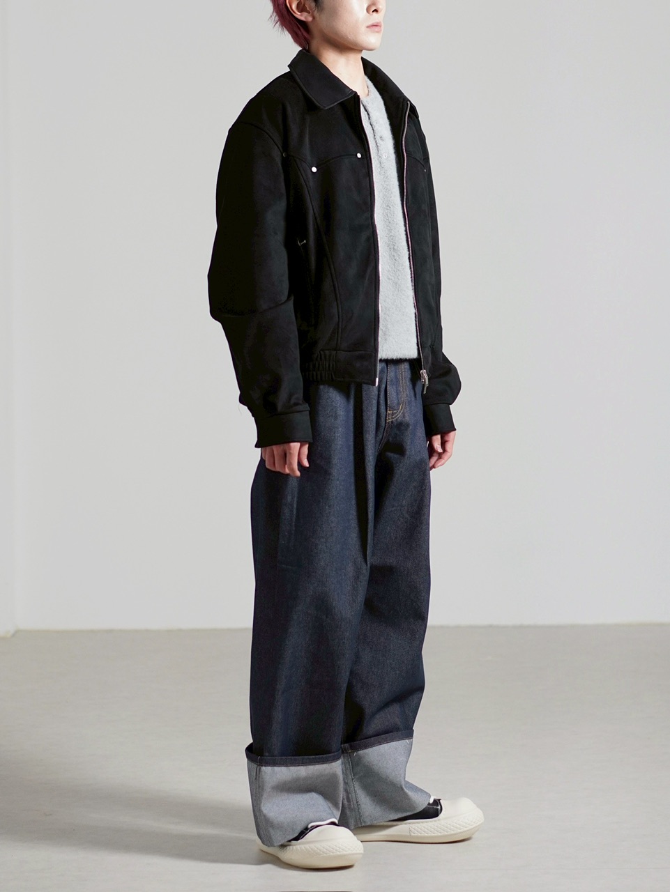 【Chikashitsu +】retro suede jacket ブラック 受注制【Chikashitsu +】suede contrast collar jacket