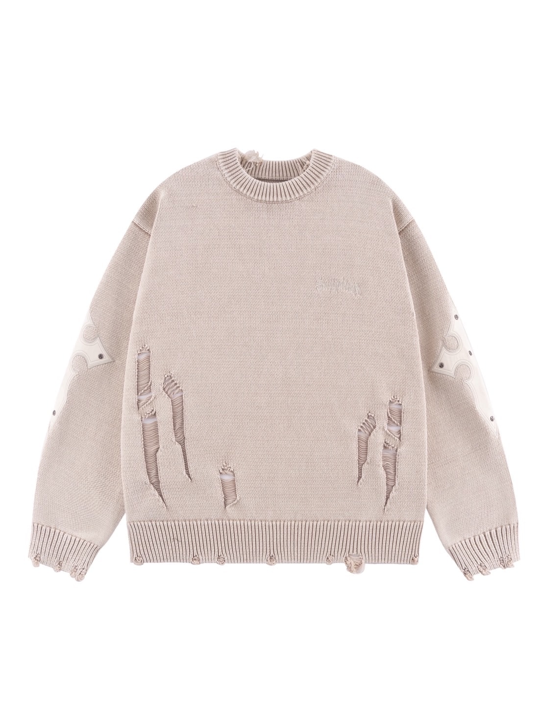 トップス Distressed Cross Leather Patch Crew Knit SUPPLIER】DISTRESSED CROSS LEATHER PATCH CREW KNIT V2