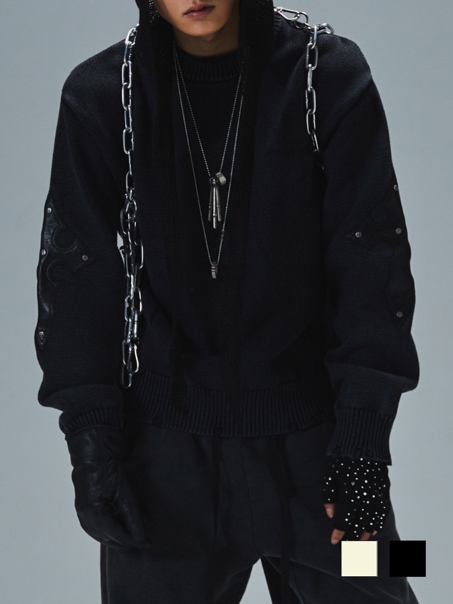 SUPPLIER】DISTRESSED CROSS LEATHER PATCH CREW KNIT V2
