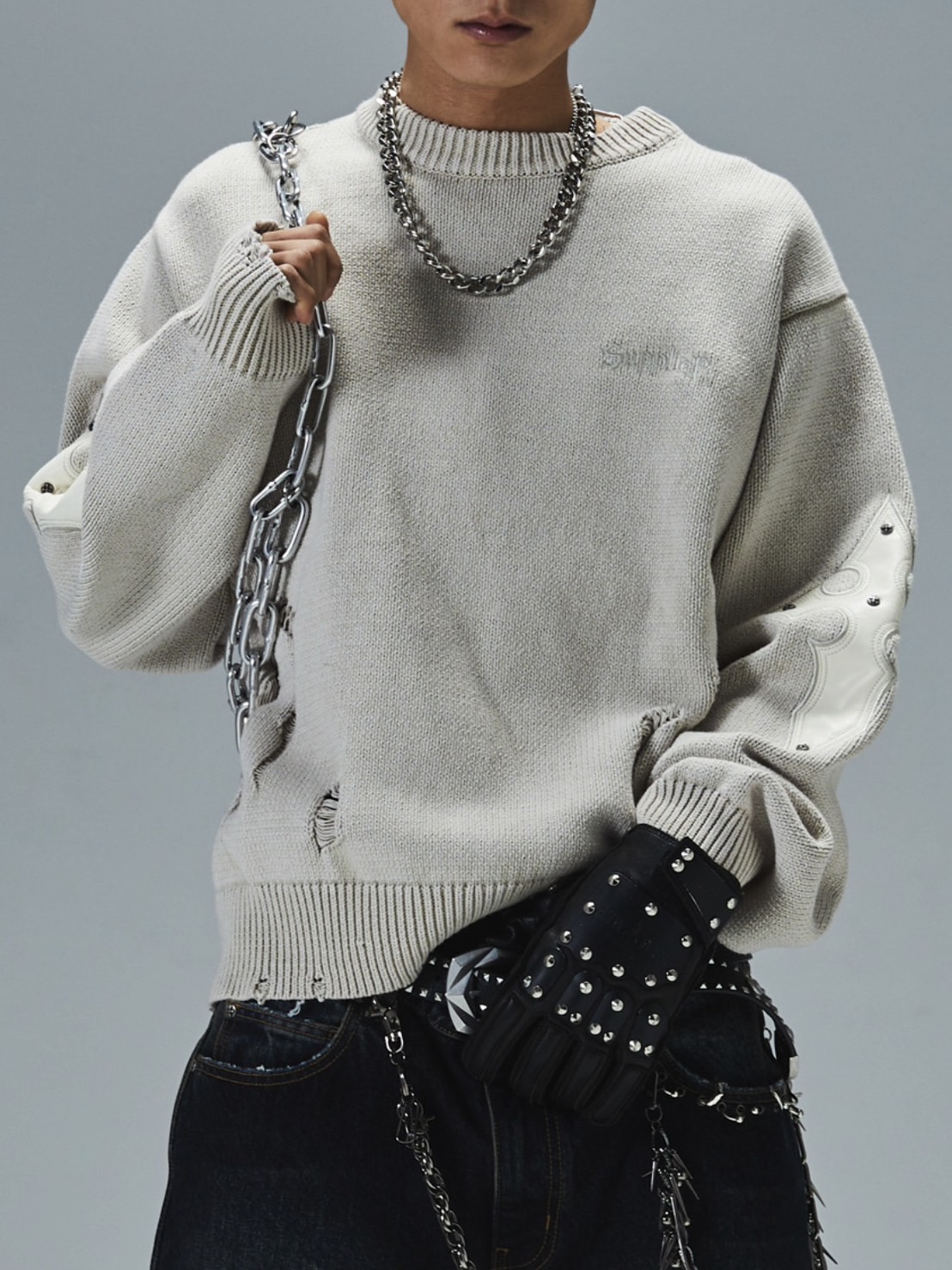 SUPPLIER】DISTRESSED CROSS LEATHER PATCH CREW KNIT V2