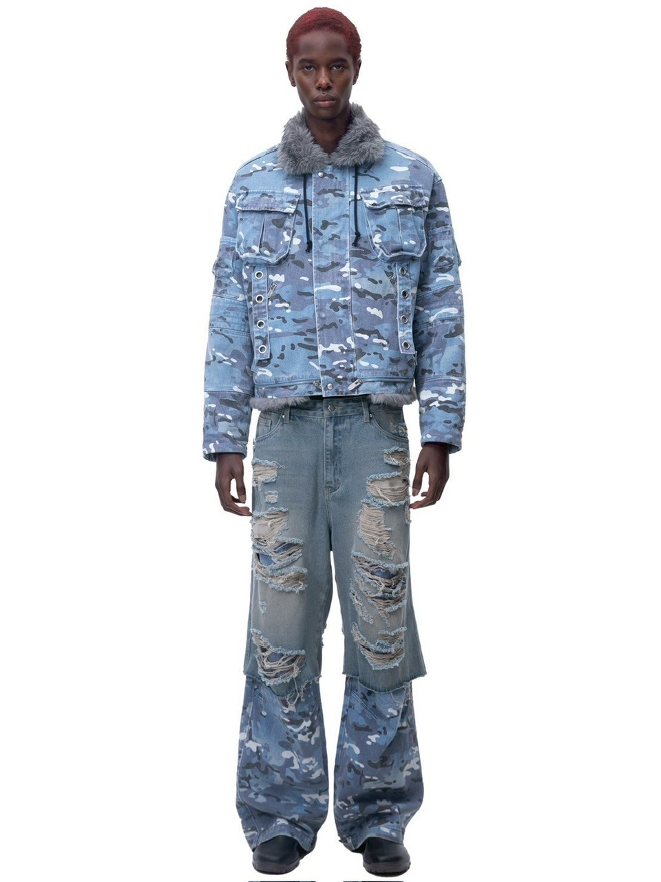 【The Boy Has No Patience】 デニム The Boy Has No Patience】DESTRUCTION DENIM BLUE CAMOUFLAGE