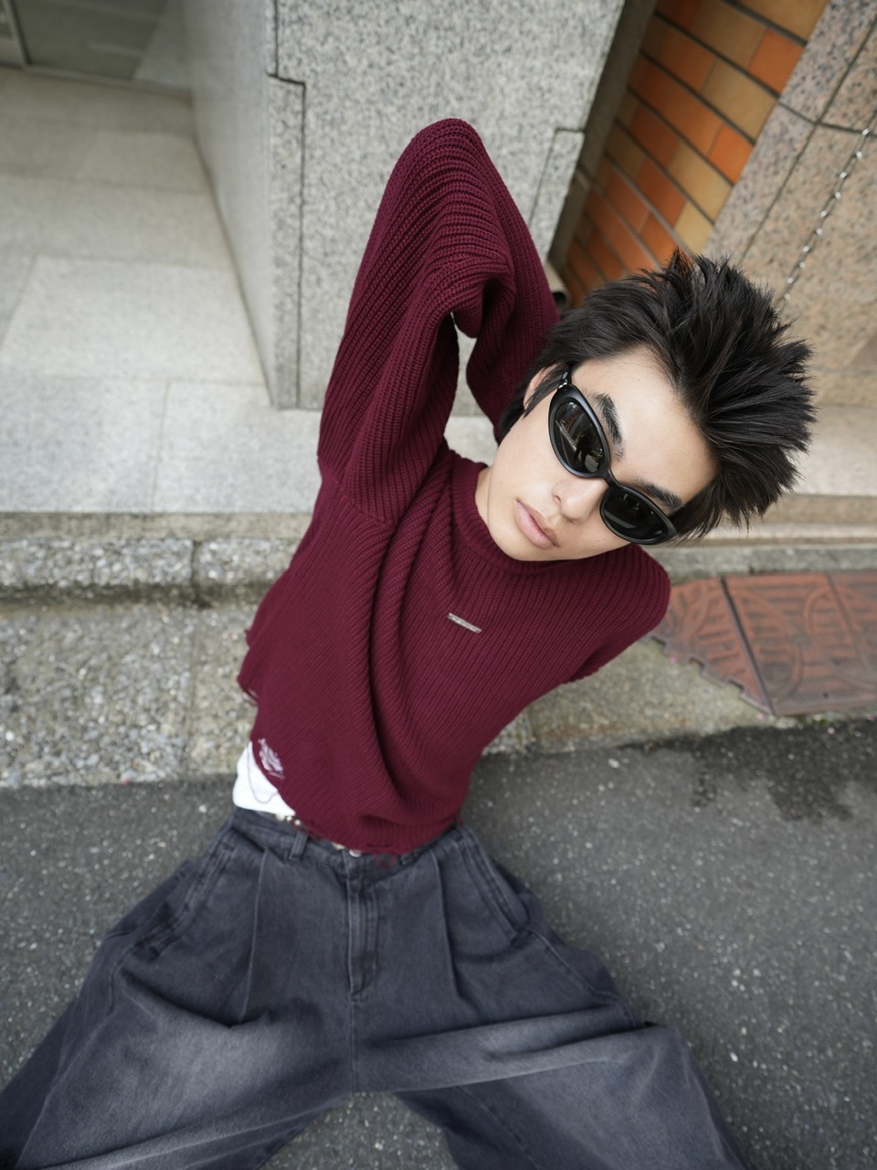 【CS】【Chikashitsu +】 mockneckdamageknit CS】mock neck damage knit (red) | OUR BRAND,Chikashitsu +,CS