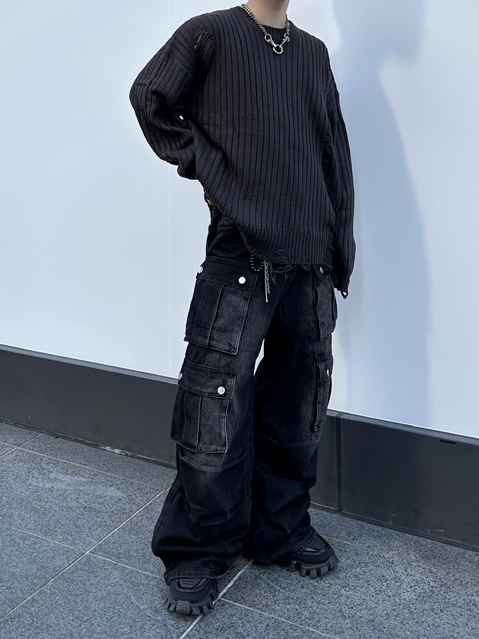 大阪店WEB限定【Chikashitsu +】overfit damage knit (3color)