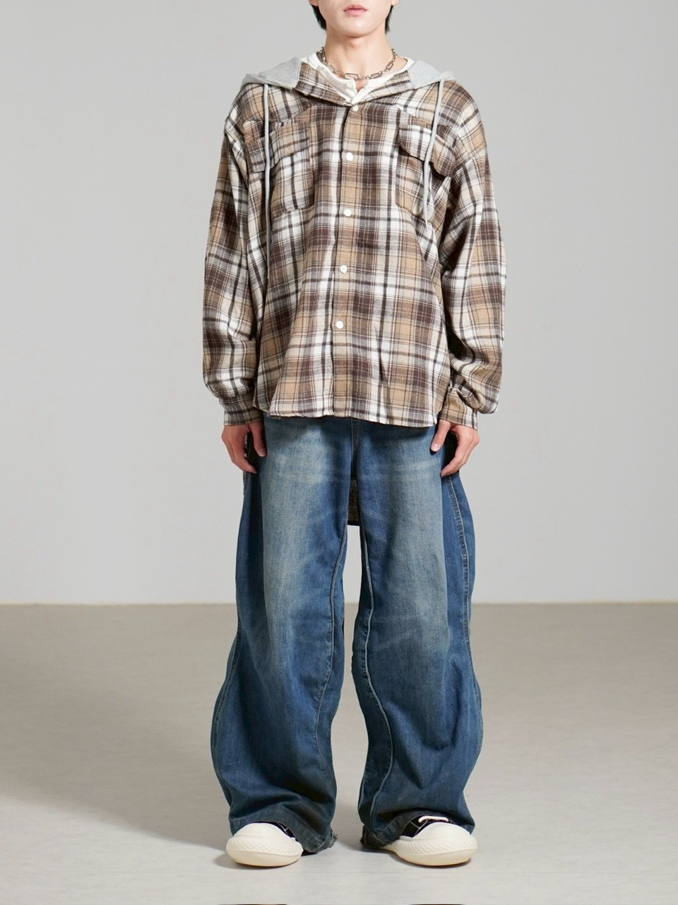 受注制【Chikashitsu +】hood mix check hoodie / 【チカシツプラス】フードミックスチェックパーカー (3color)