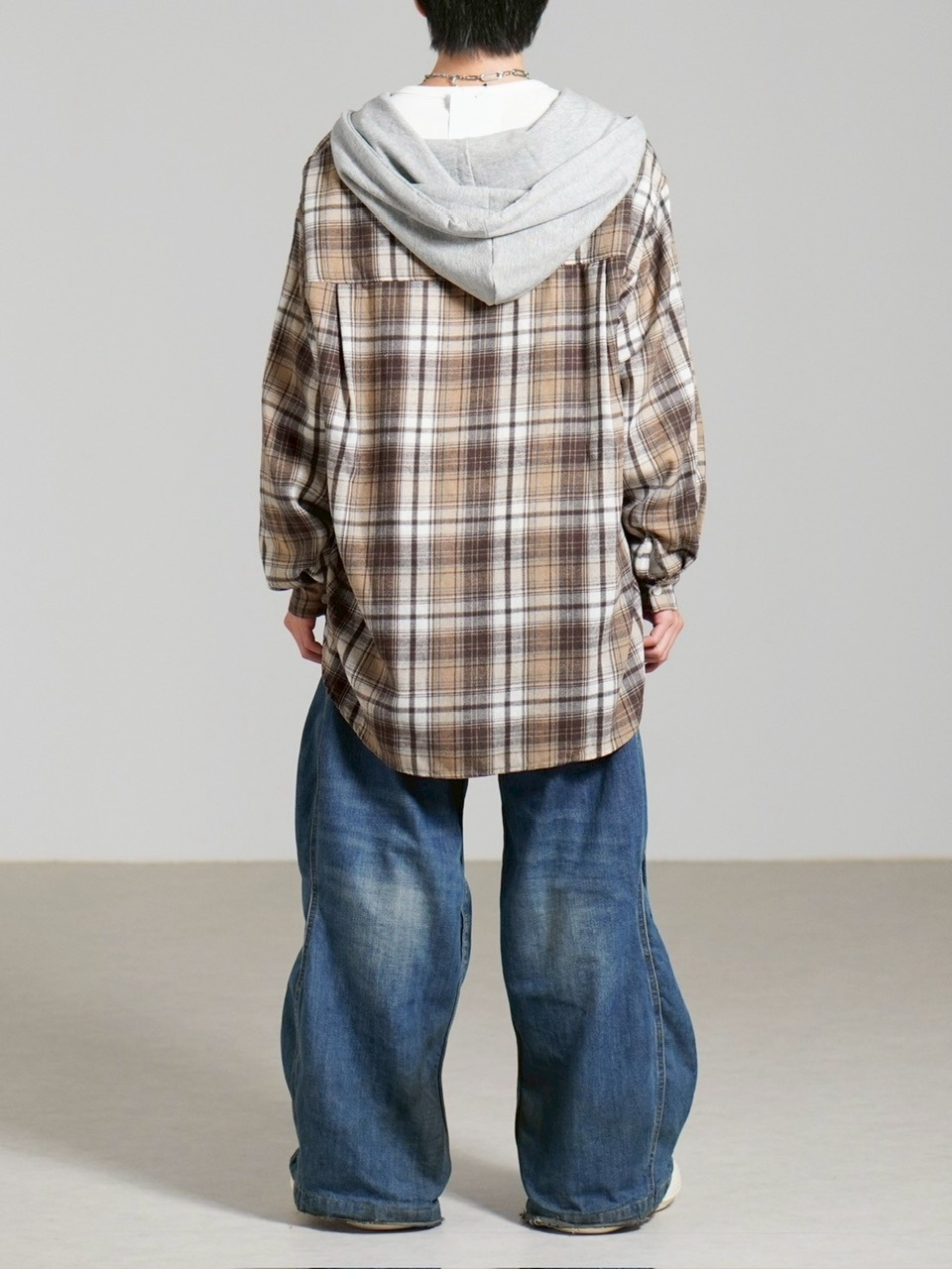 受注制【Chikashitsu +】hood mix check hoodie / 【チカシツプラス】フードミックスチェックパーカー (3color)