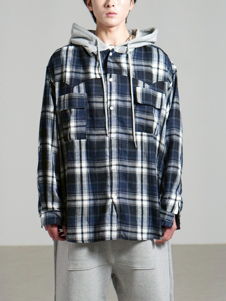 受注制【Chikashitsu +】hood mix check hoodie / 【チカシツプラス】フードミックスチェックパーカー (3color)