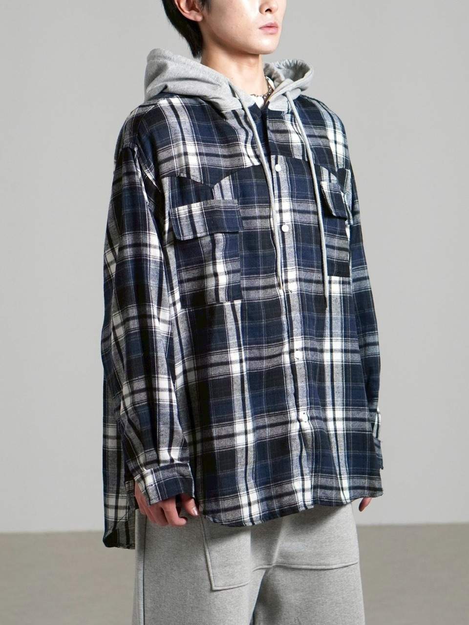 受注制【Chikashitsu +】hood mix check hoodie / 【チカシツプラス】フードミックスチェックパーカー (3color)