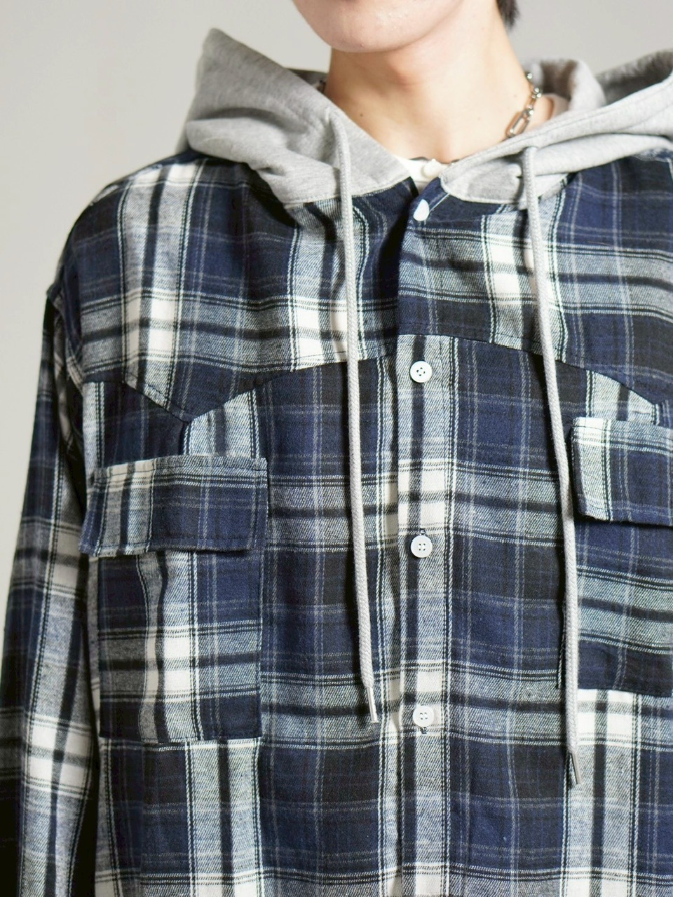 受注制【Chikashitsu +】hood mix check hoodie / 【チカシツプラス】フードミックスチェックパーカー (3color)