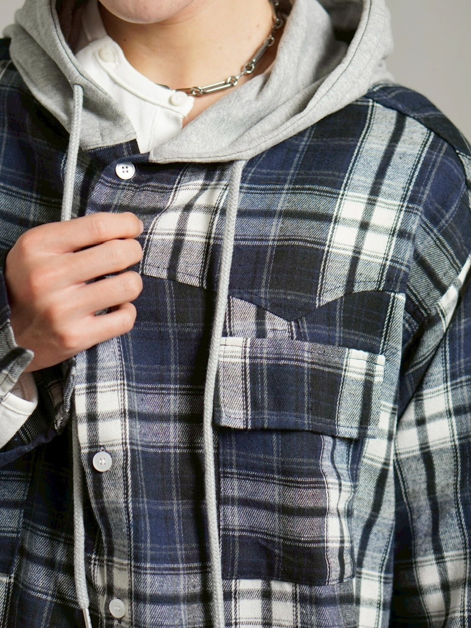 受注制【Chikashitsu +】hood mix check hoodie / 【チカシツプラス】フードミックスチェックパーカー (3color)