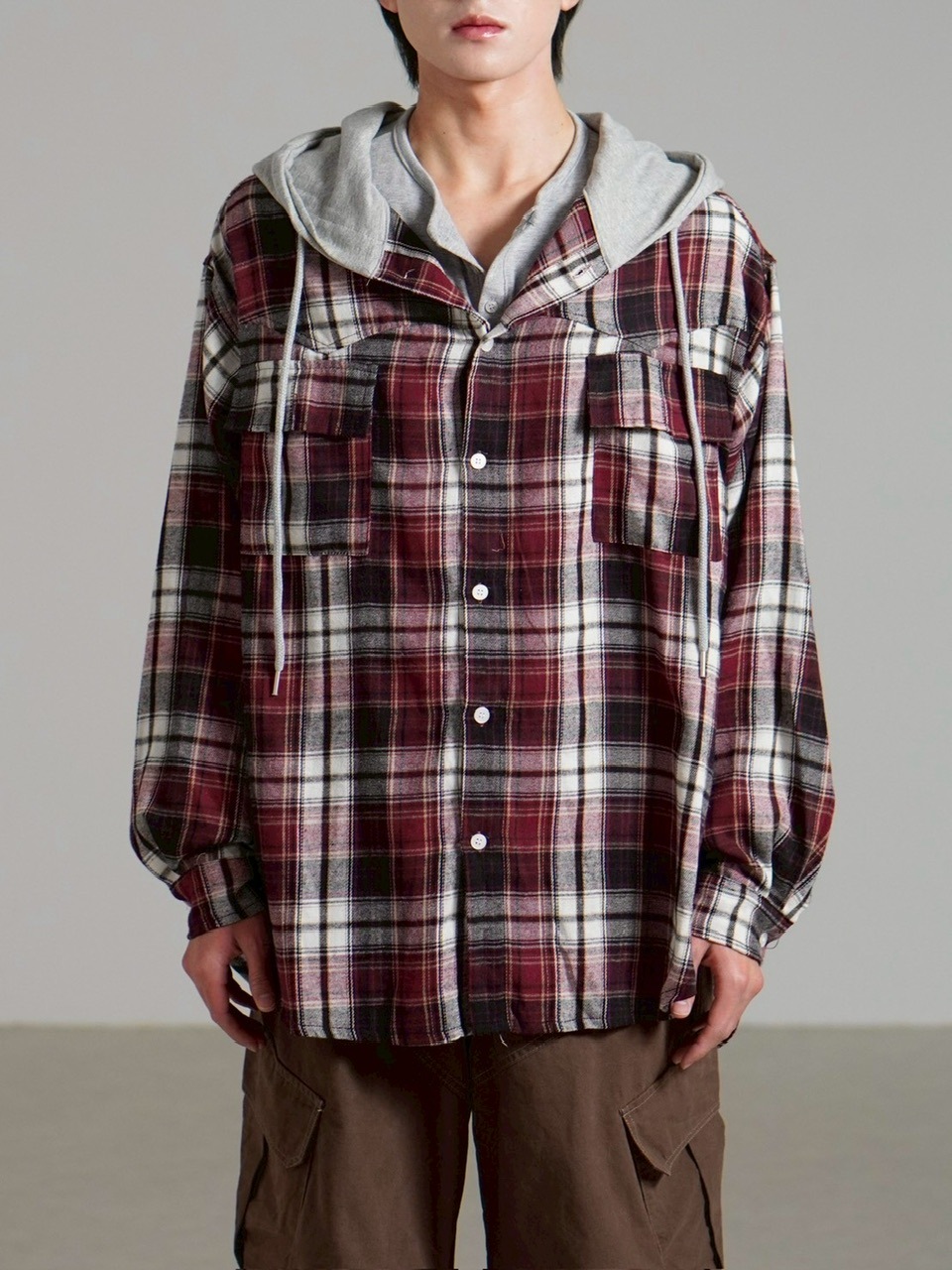 受注制【Chikashitsu +】hood mix check hoodie / 【チカシツプラス】フードミックスチェックパーカー (3color)