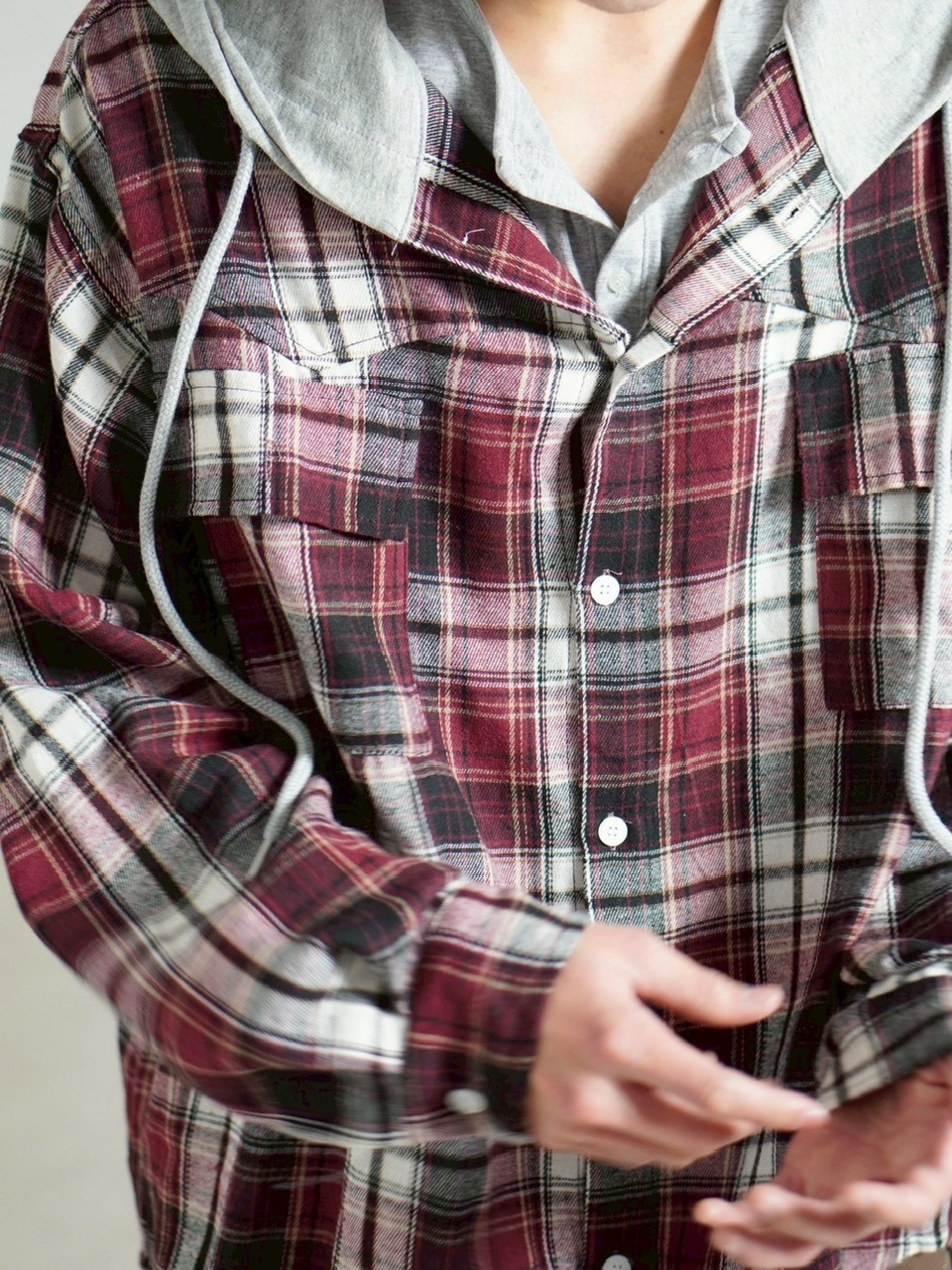 受注制【Chikashitsu +】hood mix check hoodie / 【チカシツプラス】フードミックスチェックパーカー (3color)