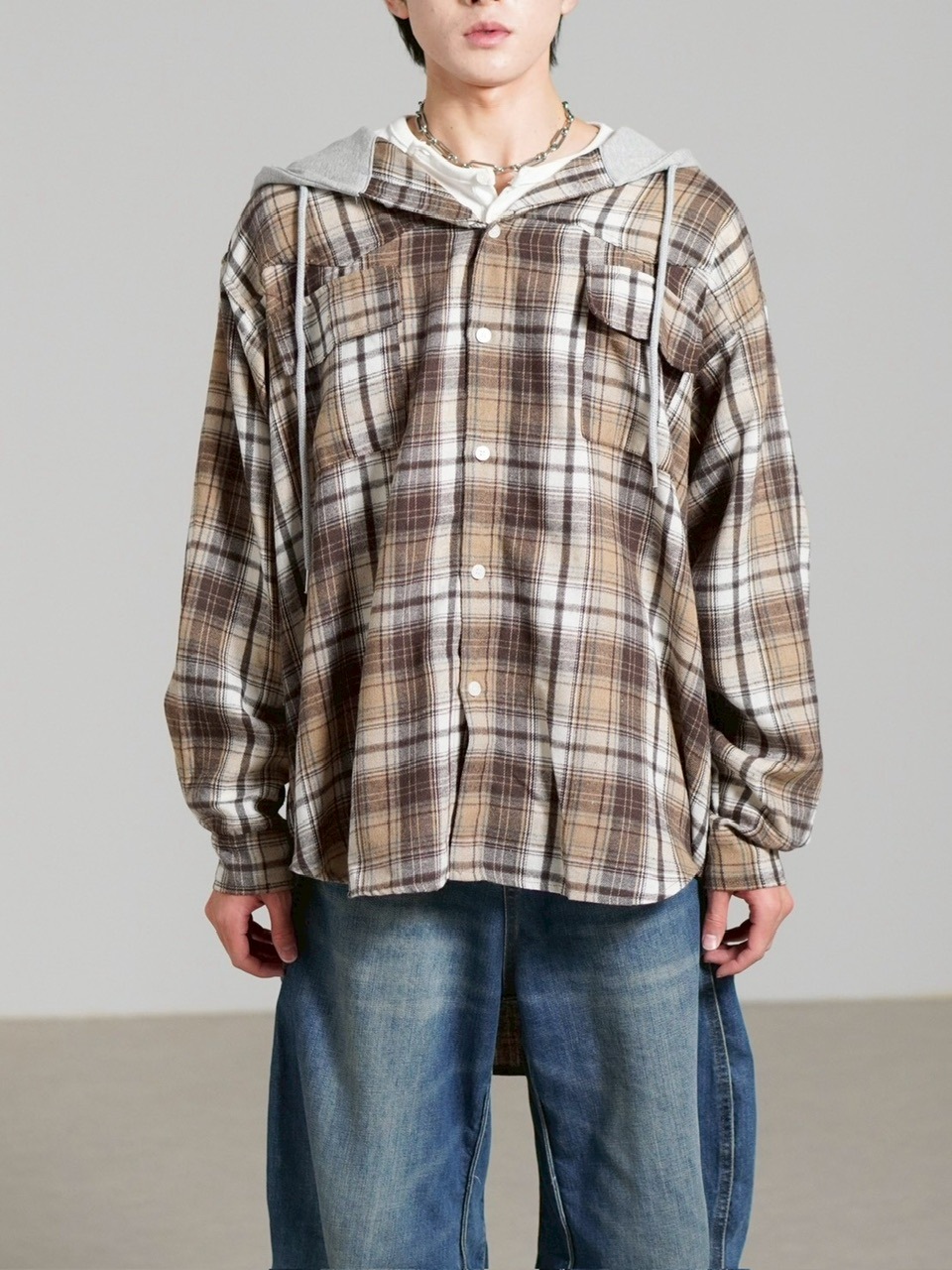 受注制【Chikashitsu +】hood mix check hoodie / 【チカシツプラス】フードミックスチェックパーカー (3color)