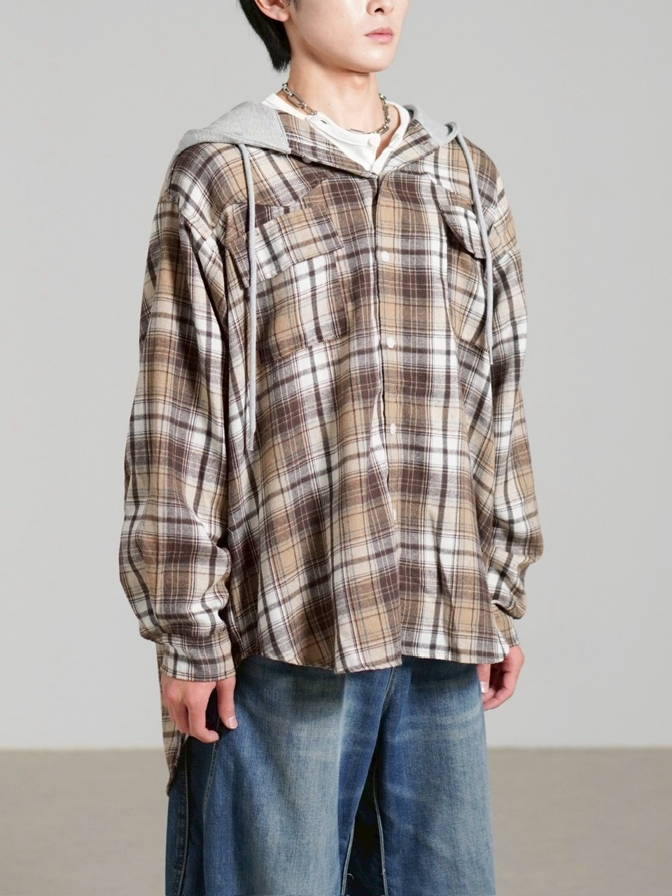 受注制【Chikashitsu +】hood mix check hoodie / 【チカシツプラス】フードミックスチェックパーカー (3color)