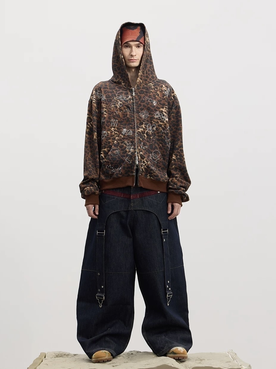 DND4DES】Cartoon Rhinestone-Studded Leopard Print Zip Hoodie