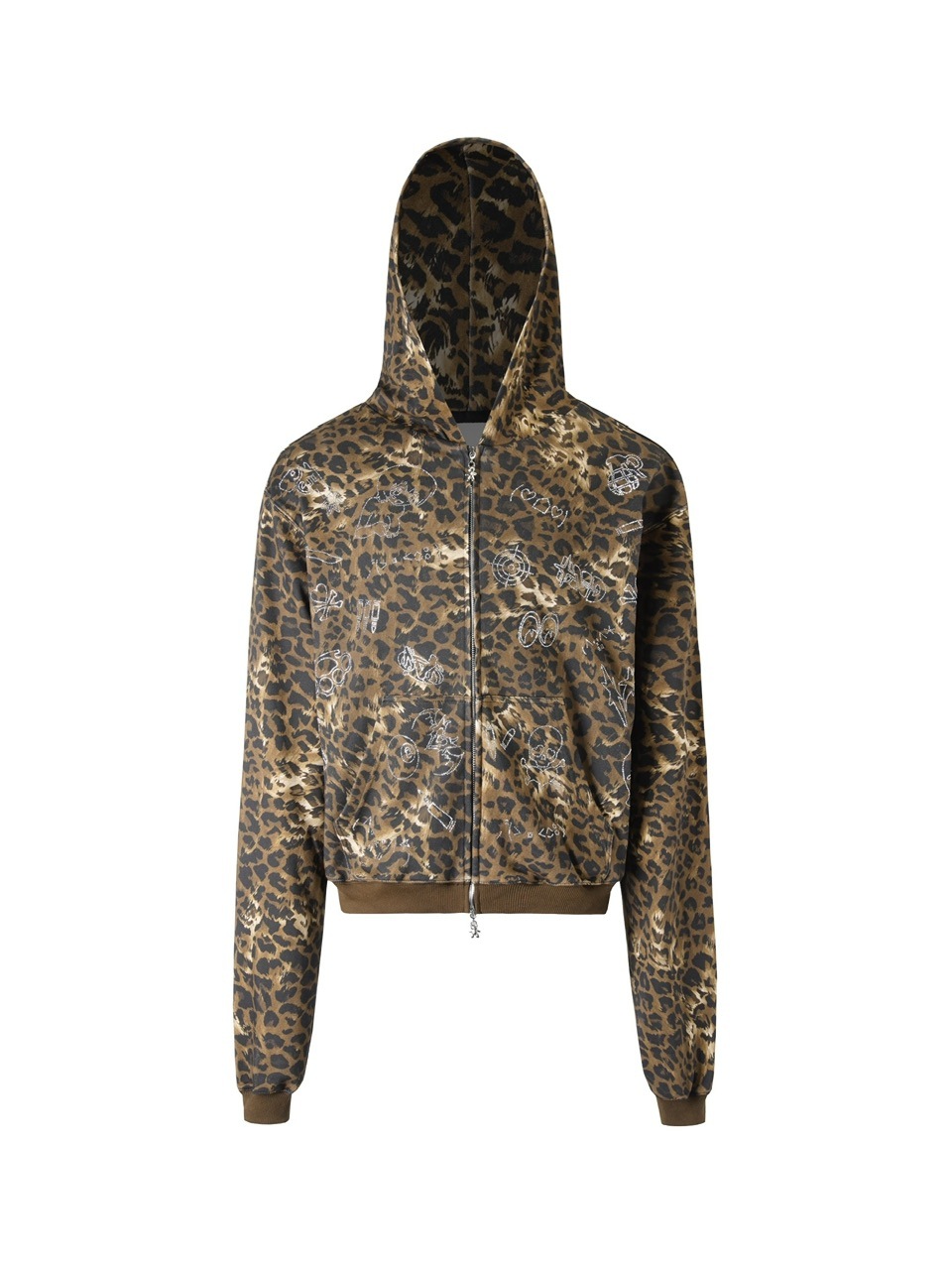 DND4DES】Cartoon Rhinestone-Studded Leopard Print Zip Hoodie