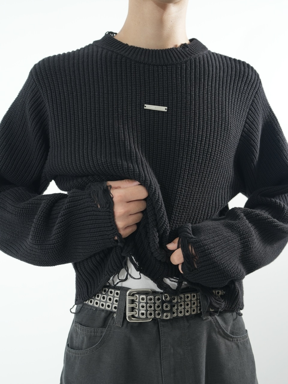 【CS】【Chikashitsu +】 mockneckdamageknit CS】mock neck damage knit (black) | OUR BRAND,Chikashitsu +