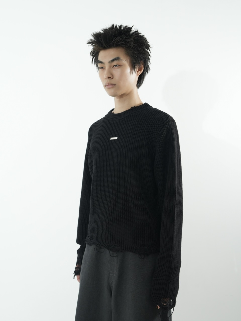 CS】mock neck damage knit (black) | OUR BRAND,Chikashitsu +
